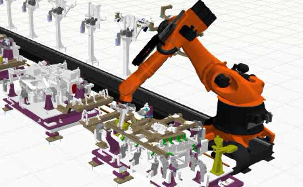 Simulazione KUKA Sim Pro di linea di graffatura roller hemming automotive